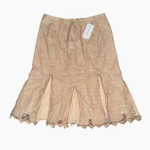 Dana Buchman Silk Crepe Lace Overlay Pleated Hem Beige Skirt